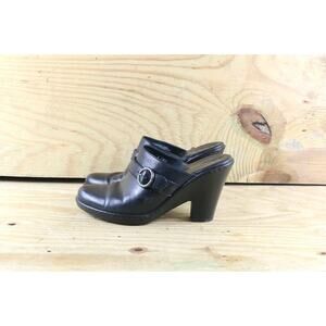 Born Shoes 9 Womens Black Leather Mules Clogs High Heels Slip Ons Buckle